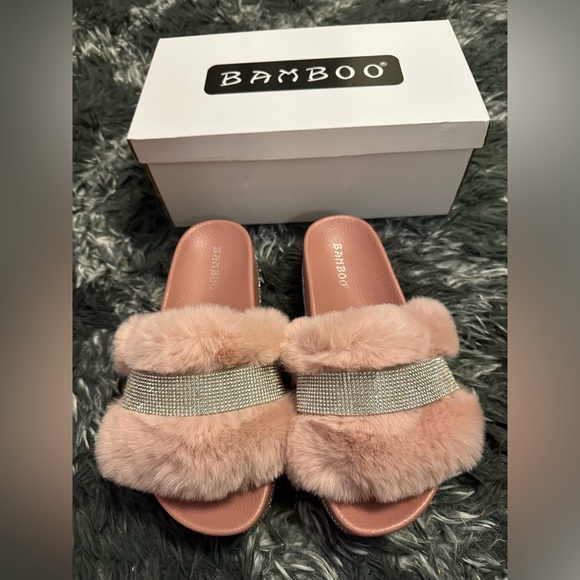 Blush Pink Bling Faux Fur Platforms - Picture 3 of 4
